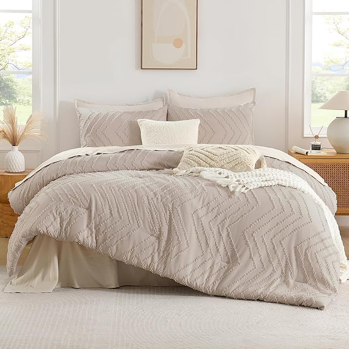 Andency Linen Comforter Set Queen Size, Boho Soft Warm Tufted Bedding Comforter Sets for Queen Size Bed, 3 Pieces Aesthetic Chevron Farmhouse Cute Bohemian Textured Bed Set