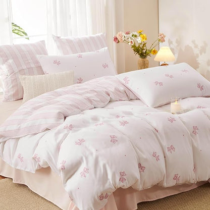 White Queen Comforter Set - Pink Bow Comforter Set Queen Size, Stripes Quilt Bedding Set 3 Pieces, Soft & Lightweight Comforter(90‘’ x 90‘’) for Girl All Season & 2 Pillowcases(30‘’x20‘’)