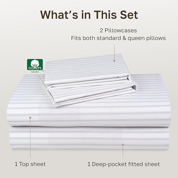 CALIFORNIA DESIGN DEN 5-Star Hotel 600 Thread Count 100% Cotton, Soft & Smooth Queen Sheet Set with Deep Pockets, Quality Beats Egyptian Cotton Claims (Ticking Stripe Grey)