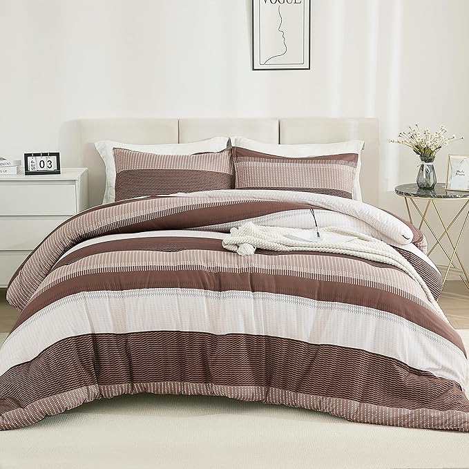 Litanika Brown Comforter Set California King - 3 Pieces Lightweight Brown White Colorblock Stripe Fluffy Bedding Comforter Sets, All Season Bed Set