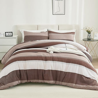 Litanika Brown Comforter Set King - 3 Pieces Lightweight Brown White Colorblock Stripe Fluffy Bedding Comforter Sets, All Season Bed Set