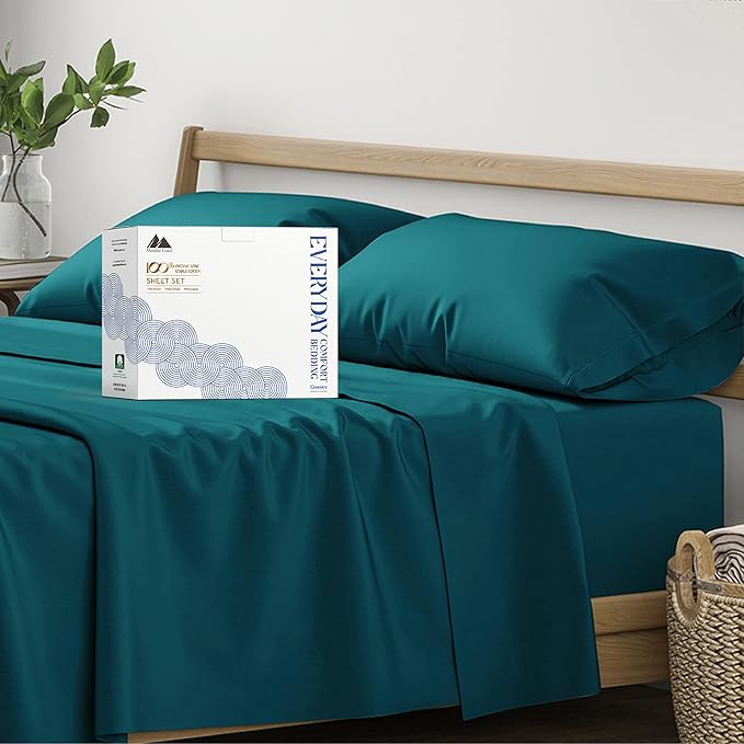 Mayfair Linen 100% Organic Cotton Percale Sheets - Twin XL Size, 3-Piece Set, Teal, 16" Deep Pocket, Soft & Crisp, Cooling, Dorm Room Sheets