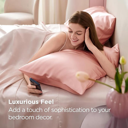 Bedsure Satin Pillowcases, Similar to Silk Pillow Cases Queen Size Set of 2, Pillow Case for Sleeping Women with Envelope Closure, Gifts for Women Men, Peach Pink, 20x30 Inches, 2pcs