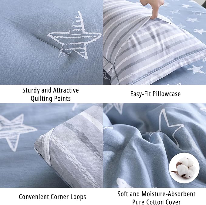 Blue Cotton Comforter Queen Size 3Pcs - White Doodle Style Stars on Denim Blue Front, Gray Stripes on Back, Reversible Lightweight Bedding Sets with Soft Fill(Queen, 90"×90")