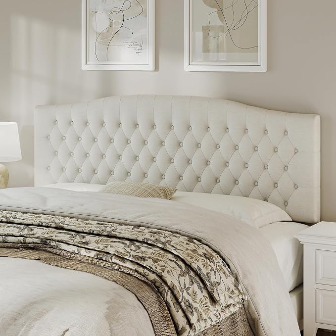 King Headboard Only, Upholstered Headboard King Size for Adjustable Bed Linen Tufted Wall Mounted Head Board with Solid Wood Legs, Ivory