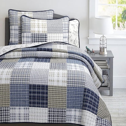 Cozy Line Home Fashions Benjamin Cute Dinosaur Plaid Navy Blue White Grey Bedding Quilt Set 100% Cotton Reversible Coverlet Bedspread Set for Kids Boy(Twin - 2 Piece)
