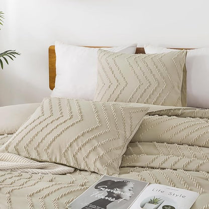 Andency Light Khaki Comforter Set Queen Size, Boho Soft Warm Tufted Bedding Comforter Sets for Queen Size Bed, 3 Pieces Aesthetic Chevron Farmhouse Cute Bohemian Textured Bed Set
