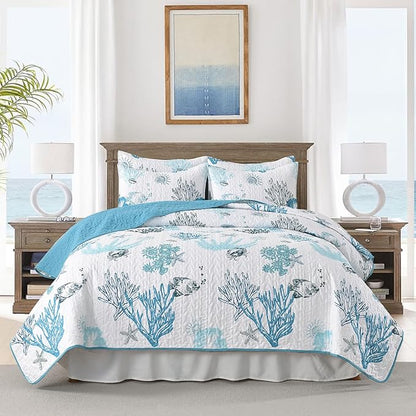 HORIMOTE HOME Coastal Quilt Bedding Set Queen Size, Reversible Blue Summer Beach Quilt Lightweight Ocean Nautical Comforter Tropical Bedspread Coverlet with 2 Pillow Shams for All Seasons (90"x96")