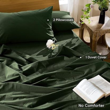 MooMee Bedding Duvet Cover Set 100% Washed Cotton Linen Like Textured Breathable Durable Soft Comfy (Solid Forest Green, Super King 108"x98")
