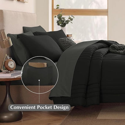 Monbix King Size Comforter Set - 7 Pieces Bed in a Bag King, Black Bedding Sets with Comforter, All Seasons Comforter Bed Set with Sheets, Pillowcases & Shams