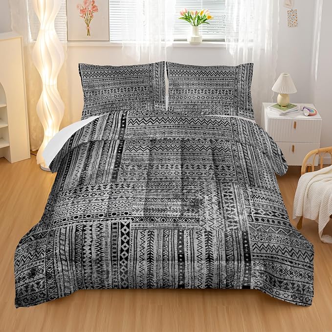 Grey Splicing Comforter Sets Full Size, Bohemian Geometric Bedding Set for Your Room, Abstract Soft Lightweight Quilted Set All Season, 1 Comforter and 2 Pillowcases