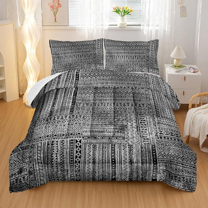 Grey Splicing Comforter Sets King Size, Bohemian Geometric Bedding Set for Your Room, Abstract Soft Lightweight Quilted Set All Season, 1 Comforter and 2 Pillowcases