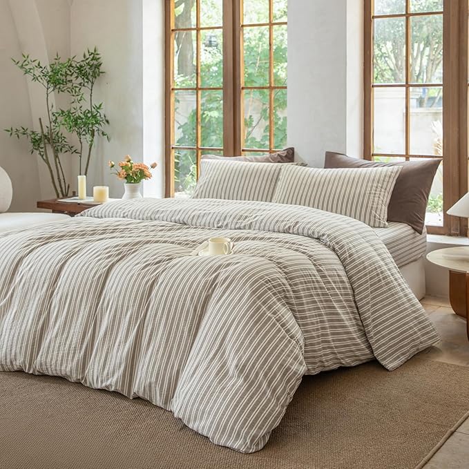 Luxury 100% Washed Cotton Linen Like Duvet Cover Set,3 Pcs Striped Trendy Bedding with Zipper Closure(Linen Grey,Full)