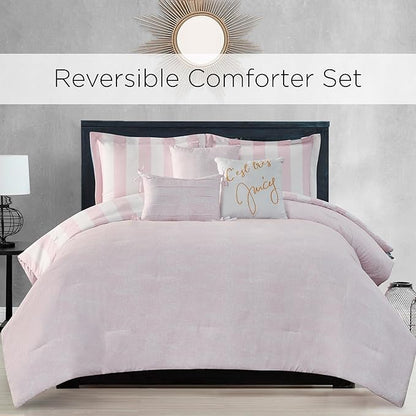 Juicy Couture Cabana Stripe Reversible Bedding Set - Twin/Twin XL Size - Dogwood Pink/White Stripe Print - 5 Piece Set - Includes 1 66" x 90" Comforter, 3 Decorative Pillows, 1 Sham