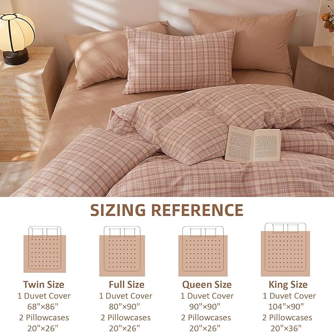 EAVD Pink Gingham Duvet Cover King Soft Washed Cotton Reversible Grid Plaid Bedding Set with 2 Pillowcases Modern Checkered Grid Duvet Cover with Zipper Farmhouse Gingham Bedding Set for All-Season