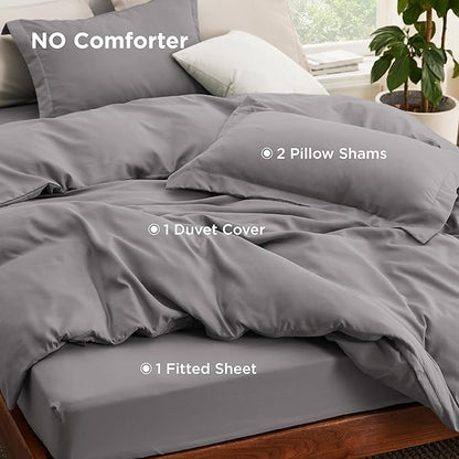 Bedsure Duvet Cover with Fitted Sheet Queen - Cooling Deep Pocket, Hotel Luxury Soft Double Brushed Bedding Set with Zipper Closure, 1 Duvet Cover, 1 Fitted Sheet, 2 Pillow Shams, NO Comforter, Grey