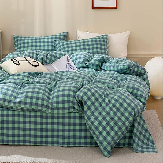 HighBuy Turquoise Gingham Comforter Set Queen Size,Farmhouse Modern Blue Plaid Checkered Comforter Set Grid Bedding Sets Soft Fluffy 3 Pieces,Gingham Bed Comforter with 2 Pillowcases