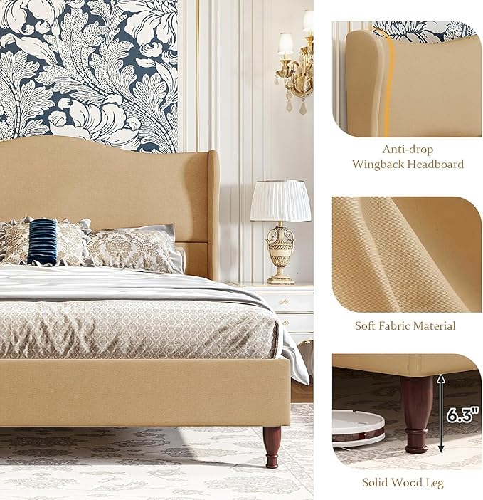 koorlian Queen Upholstered Bed Frame with 51'' Tall Headboard, Warm Brown | Reinforced Platform Bed, Easy Assembly, Soft Fabric, Sleigh Wingback, Solid Wood Retro Legs, Noise-Free, Classic & Simple