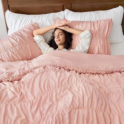Andency Ruched Blush Pink Queen Comforter Set, Shabby Chic Pleated Bedding Sets 3 Pieces, Lightweight Soft Boho Ruffle Bed Set for Girls, Kids, Women, All Season