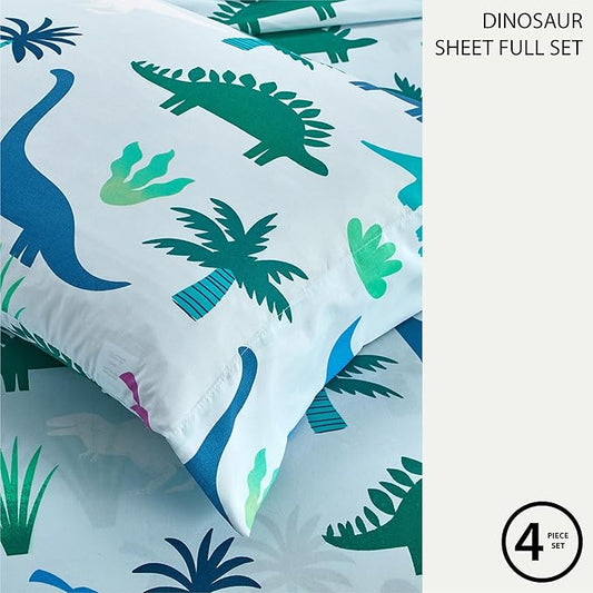 Heritage Kids 4 Piece Sheet Set, Including Top Sheet, Fitted Sheet and 2 Pillow Cases, Dinosaur, Full