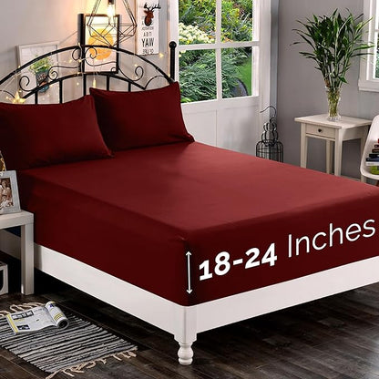Elegant Comfort 1500 Premium Quality Fitted Sheet Ultra Soft 18-24 Inch Extra Deep Pocket - Single Fitted Sheet for High Mattress - Wrinkle Free with Smart Storage Pockets, California King, Burgundy