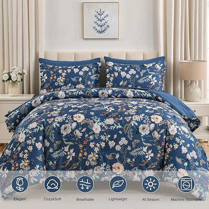 7 Piece Queen Comforter Set, Peacock Blue Butterfly Floral Comforter Set with Flowers Leaves Pattern, Soft Microfiber Complete Bedding Set for All Season(Peacock Blue, Queen)