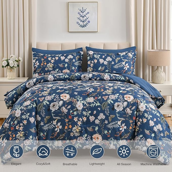 7 Piece King Comforter Set, Peacock Blue Butterfly Floral Comforter Set with Flowers Leaves Pattern, Soft Microfiber Complete Bedding Set for All Season(Peacock Blue, King)