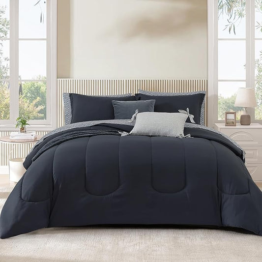 Monbix Queen Comforter Set - 7 Pieces Blue Grey Bed in a Bag Queen Track Stitching Bedding Sets, All Seasons Comforter Bed Set with Sheets, Pillowcases & Shams