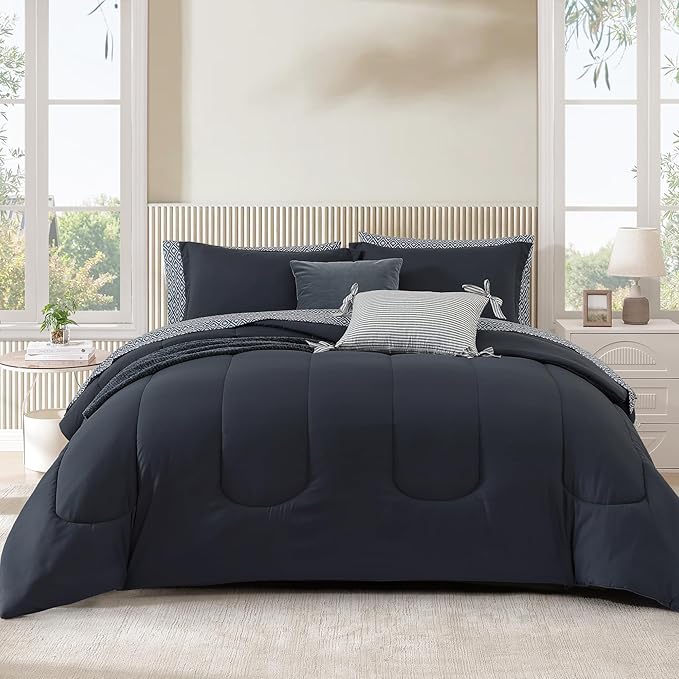 Monbix King Size Comforter Set - 7 Pieces Bed in a Bag King, Blue Grey Track Stitching Bedding Sets with Comforter, All Seasons Comforter Bed Set with Sheets, Pillowcases & Shams