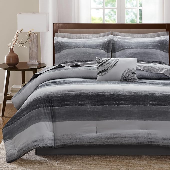 Madison Park Essentials King Comforter Set, Bed in a Bag, Watercolor Print Coastal Comforter & Chambray Cotton Sheet Set, All Season Bedding Set, Saben, Black King (104 in x 92 in) 9 Piece