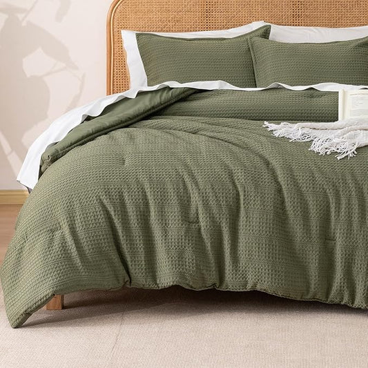 PHF Soft Waffle Comforter Set King Size- Comfy Breathable Waffle Weave Comforter with 2 Pillow Shams, 3 Pieces Less Snagging Lightweight Textured Bedding Set for All Season, Olive Green