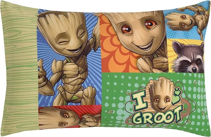 NoJo Marvel Guardians of The Galaxy I Am Groot Green and Blue 4 Piece Toddler Bed Set - Comforter, Fitted Bottom Sheet, Flat Top Sheet, and Reversible Pillowcase