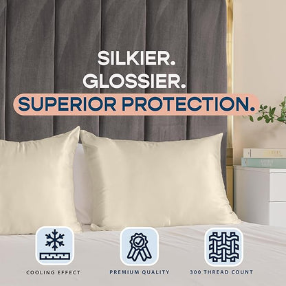 BLISSFORD Satin Pillowcase with Zipper, for Hair and Skin Care, Feels Soft and Cool Like a Silk Pillowcase, Satin Pillow Cases 2 Pack, Slik Pillow Cover, Champagne, Queen, Set of 2