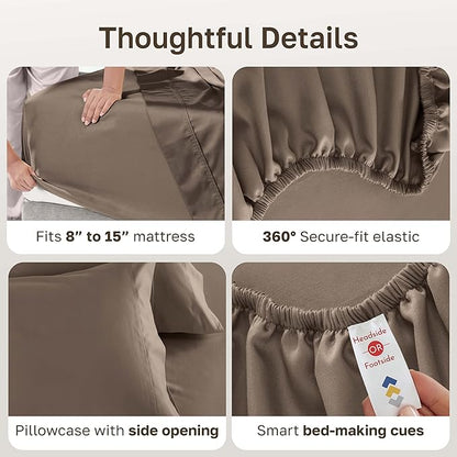 California Design Den Twin XL Sheet Set, 600 Thread Count Sateen, 100% Cotton Deep Pocket Sheets, Soft Sheet Set, Bedding (Mushroom - Taupe Brown)
