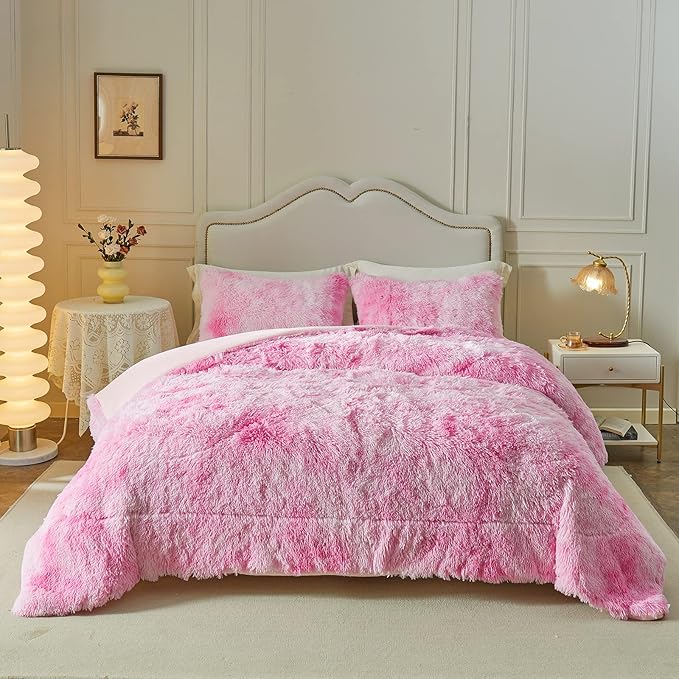Wajade Faux Fur Plush White Comforter Set Fluffy Fuzzy Shaggy Bedding Set - 3PC Full/Queen Microfiber Soft Warm Quilt Set (Pink, King)