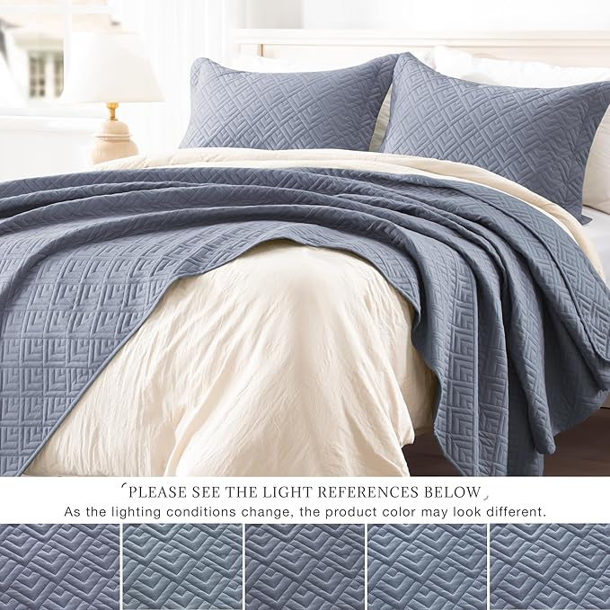 EXQ Home Quilt Set Twin Size Blue 2 Piece,Lightweight Soft Coverlet Modern Style Squares Pattern Bedspread Set for All Season(1 Quilt,1 Pillow Sham)