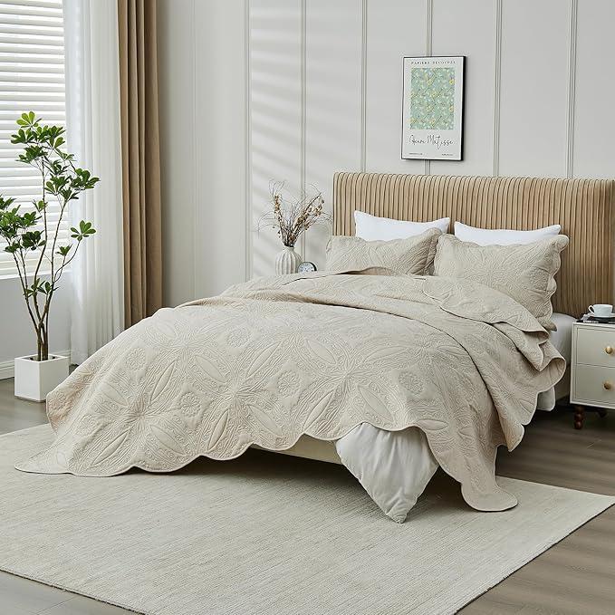 Kingnex Oversized King Bedspreads 128x120 for Extra Wide Tall King or Cal King Bed Ultrasonic Quilted Coverlet Set 3 Piece Include 1 Quilt 2 Pillowcases Beige