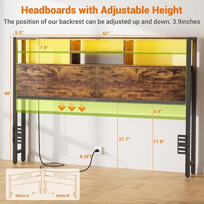 Aheaplus Headboard for Queen Size Bed with Storage, Headboards with Outlets, USB Ports and LED Light, Queen Head Board Only, Height Adjustable, Reversible, Sturdy and Stable Headboard, Rustic Brown