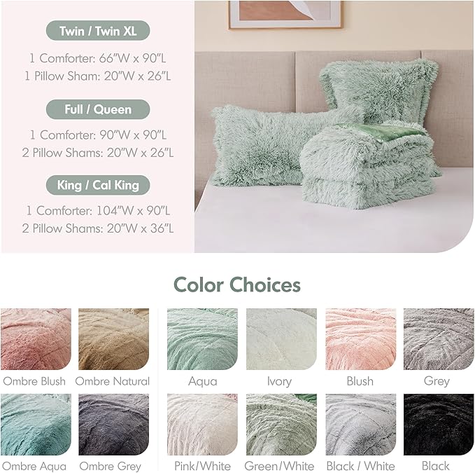 Intelligent Design King Comforter Set Fur-Like Shaggy Comforters for King Size Bed Warm, Fuzzy Bedding, All Season Luxurious Comforters King Size Bed Set, Malea, King/Cal King, Green/White 3 Piece