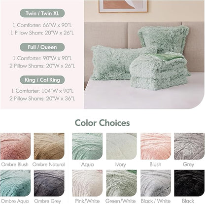 Intelligent Design King Comforter Set Fur-Like Shaggy Comforters for King Size Bed Warm, Fuzzy Bedding, All Season Luxurious Comforters King Size Bed Set, Malea, King/Cal King, Green/White 3 Piece