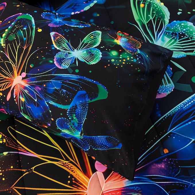 A Nice Night Galaxy Bedding Sets,3D Butterfly Flying in Space Printed,Like Glitter Butterflies 6pcs Bed in a Bag Full Comforter Set, for Girls Boys Kids Teens