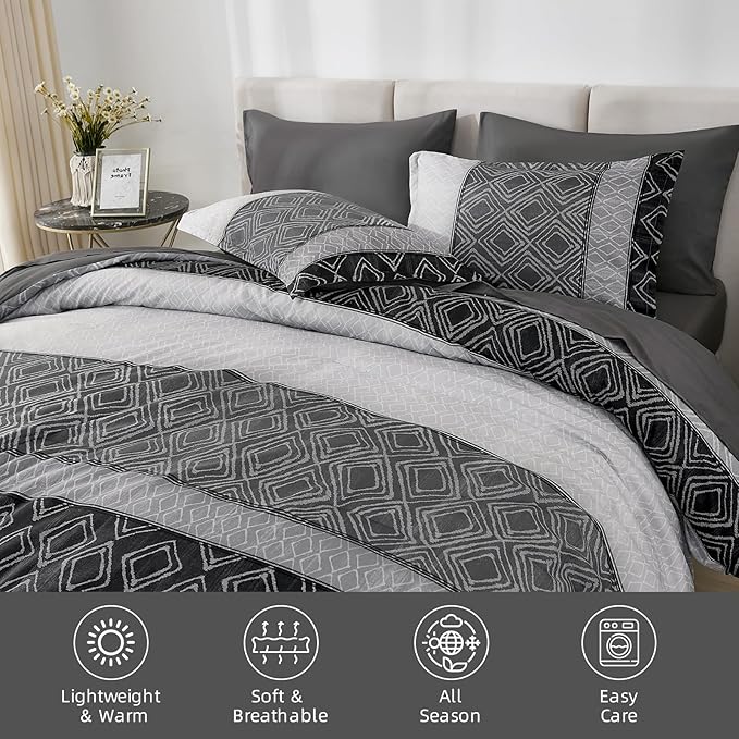 California King Comforter Set Size, Black Gray Striped Cali King Bed Set Fall Bedding Sets for Men,7 Pieces Boho Bed in a Bag Comforters with Sheets Dark Grey for All Season