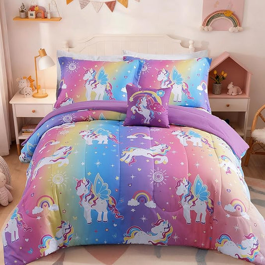 Full Size Comforter Set for Girls-4 Pieces Rainbow Unicorn Patterns Full Bedding Set with 1 Comforter, 1 Decor Pillow &2 Pillow Shams