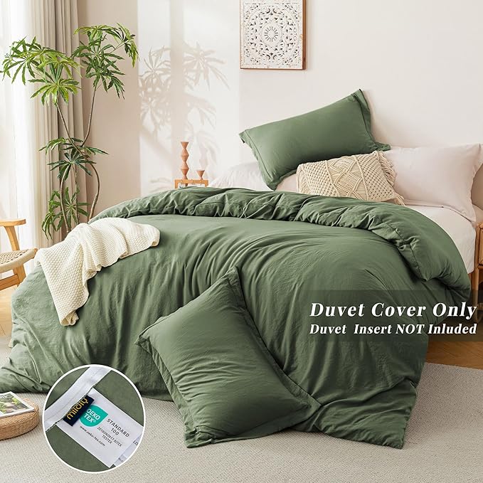 MILDLY Super Soft Duvet Cover - 100% Washed Microfiber Olive Green Comforter Cover Set 3 Pieces with Zipper Closure & Corner Ties (No Comforter)