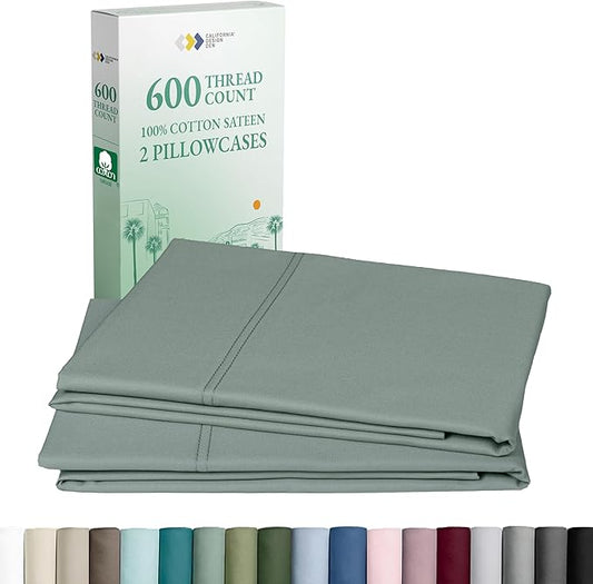 CALIFORNIA DESIGN DEN Luxuriously Soft Hotel Quality 600 Thread Count, 100% Cotton Set of 2 Cases, Crisp & Cool Bed Pillow Covers Standard Size Fits Standard & Queen Pillows (Sage Green)