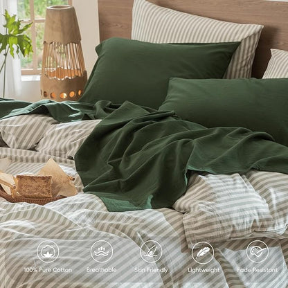 MooMee Bedding Sheet Set 100% Washed Cotton Linen Like Textured Breathable Durable Soft Comfy (Solid Forest Green, King)