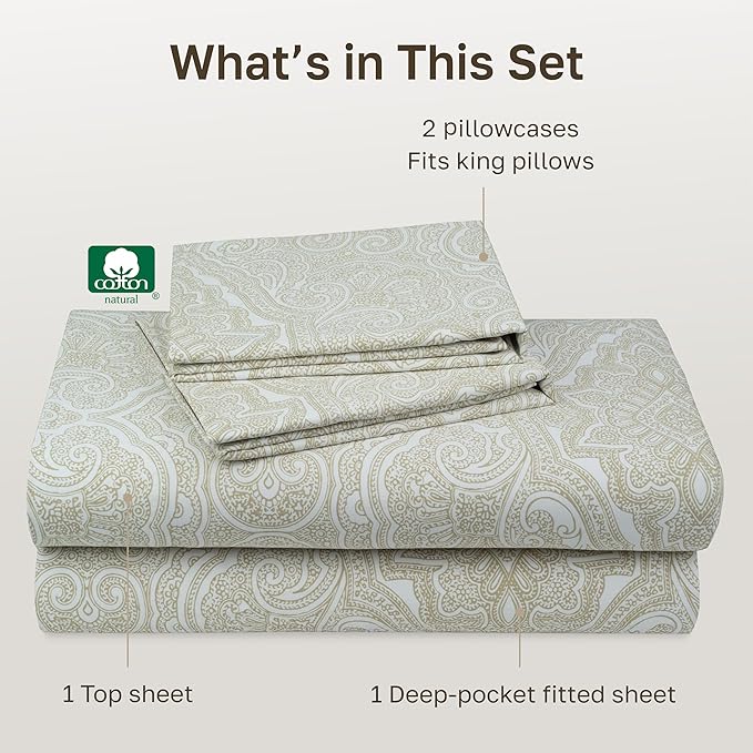 California Design Den Printed King Size Sheets Set - 400 Thread Count, Soft Sateen, Natural 100% Cotton Sheets, Deep Pockets, and Durable Bedding Set - Paisley Beige