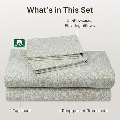 California Design Den Printed King Size Sheets Set - 400 Thread Count, Soft Sateen, Natural 100% Cotton Sheets, Deep Pockets, and Durable Bedding Set - Paisley Beige