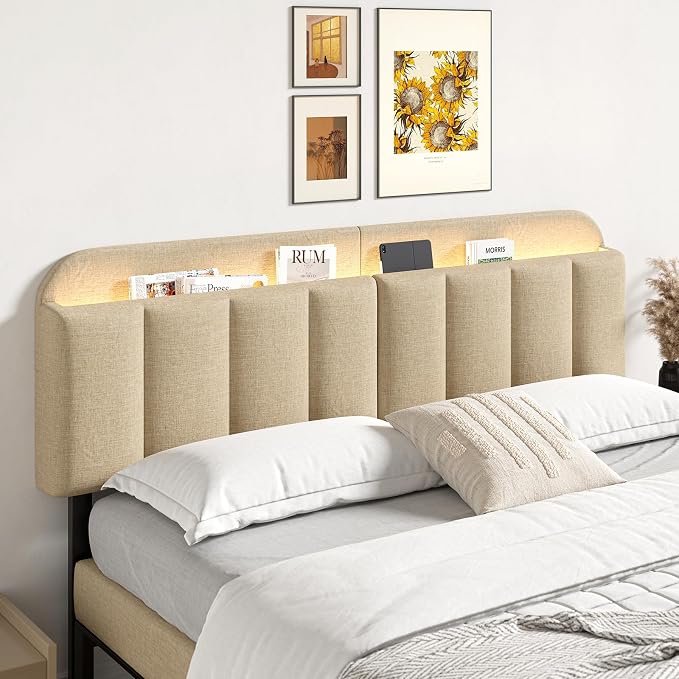 Adjustable Headboard for King/California King Size Bed Frame, Linen Fabric Bed Headboard with Storage & RGB LED Light in Modern Vertical Channel Design, Beige