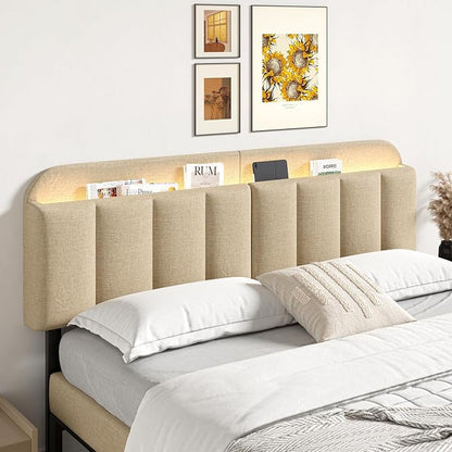 Adjustable Headboard for King/California King Size Bed Frame, Linen Fabric Bed Headboard with Storage & RGB LED Light in Modern Vertical Channel Design, Beige
